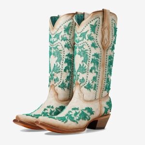 CORRAL NIB Cream & Green Western Leather Bristle Embroidered Boots Snip Toe